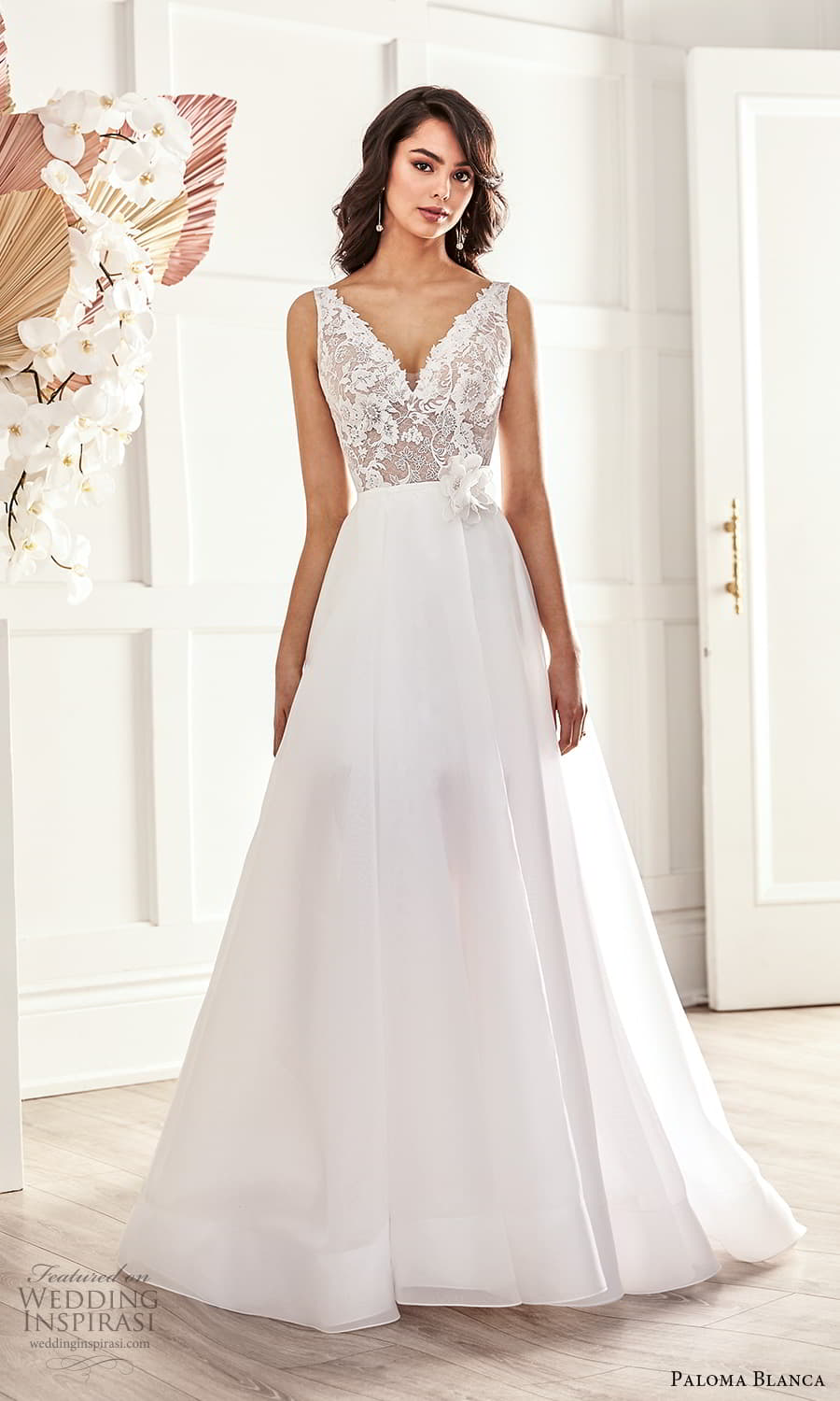 paloma blanca fall 2021 bridal sleeveless straps v neckline embellished lace short wedding dress clean a line overskirt (7) mv