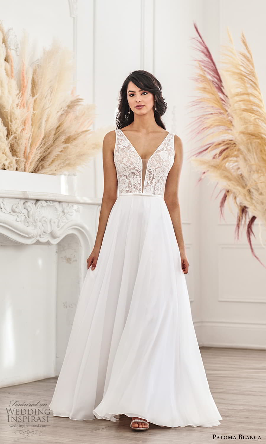 paloma blanca fall 2021 bridal sleeveless thick straps plunging v neckline lace bodice clean skirt a line wedding dress chapel train v back (11) mv