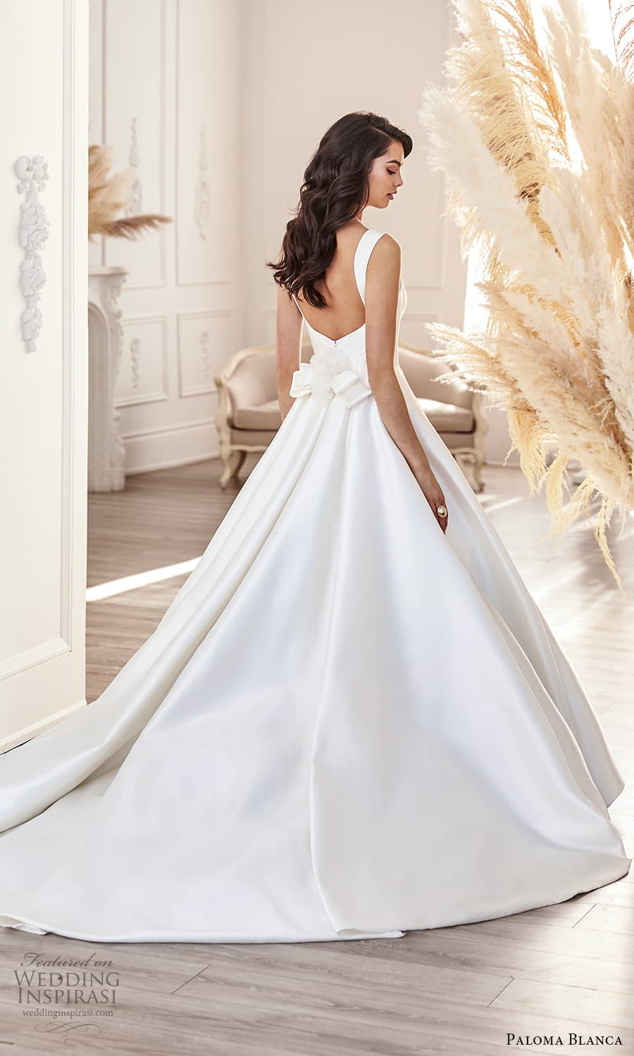 paloma blanca fall 2021 bridal sleeveless thick straps square neckline clean minimalist a line ball gown wedding dress chapel train (3) bv