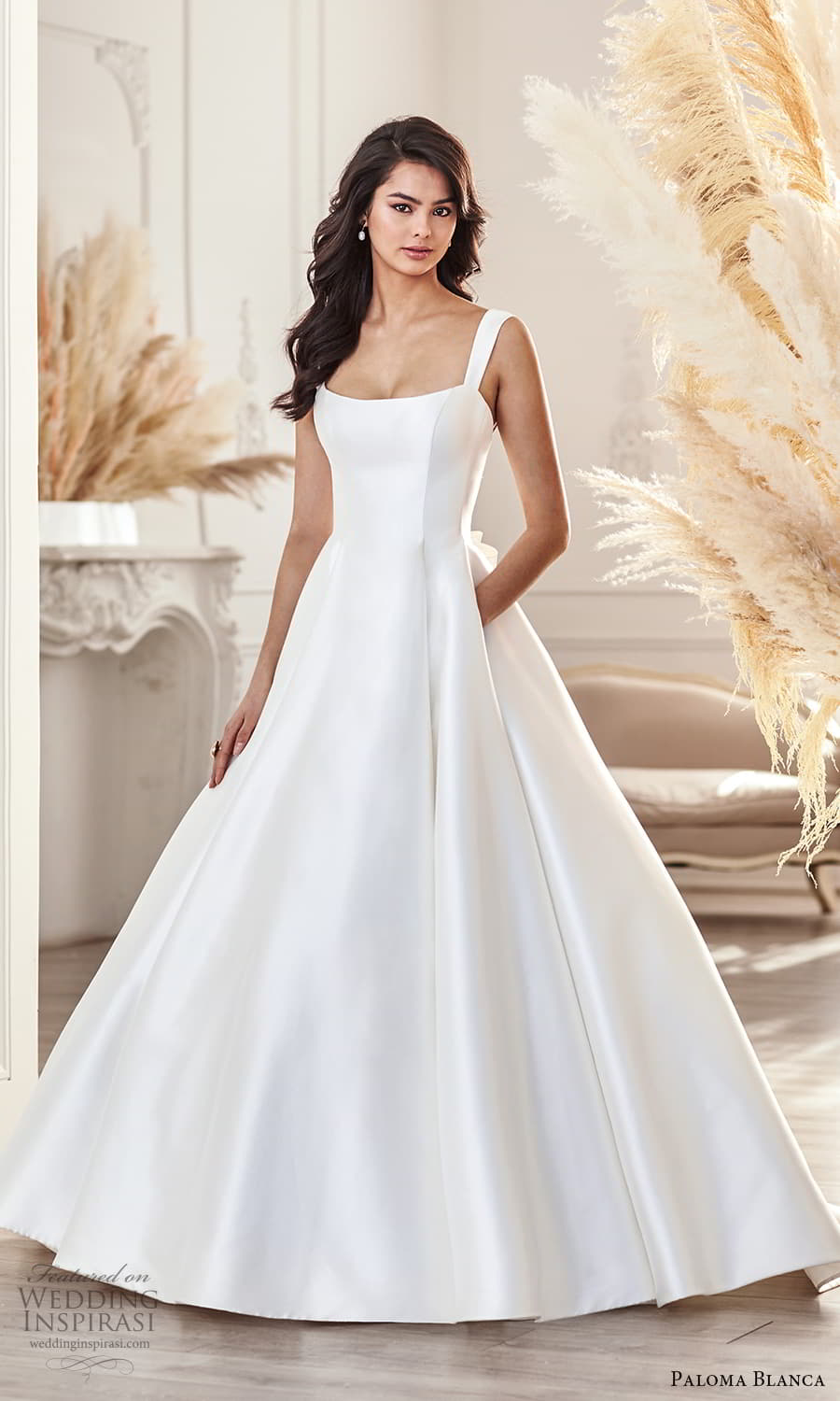 paloma blanca fall 2021 bridal sleeveless thick straps square neckline clean minimalist a line ball gown wedding dress chapel train (3) mv