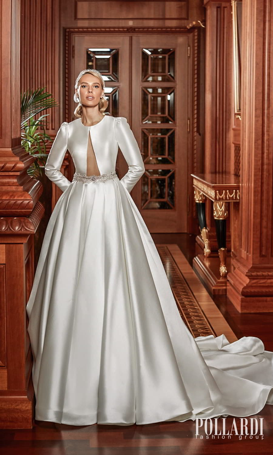 pollardi 2022 your triumph bridal long puff sleeves jewel neckline cutout bodice clean minimalist a line ball gown wedding dress chapel train (shininess) mv