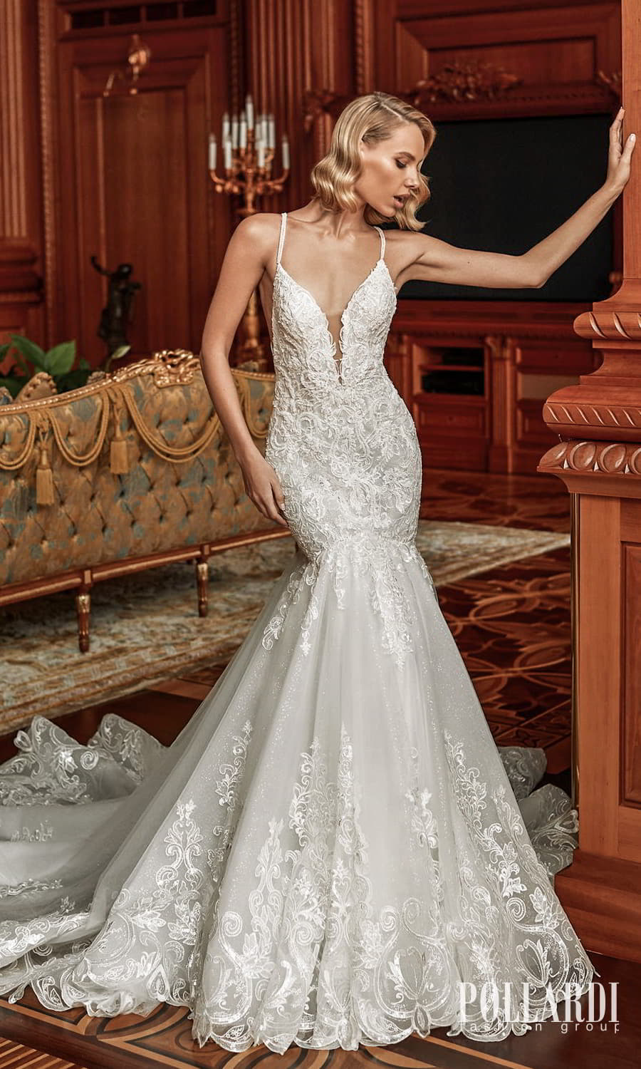 pollardi 2022 your triumph bridal sleeveless straps plunging v neckline fully embellished fit flare mermaid wedding dress chapel train (excitement) mv