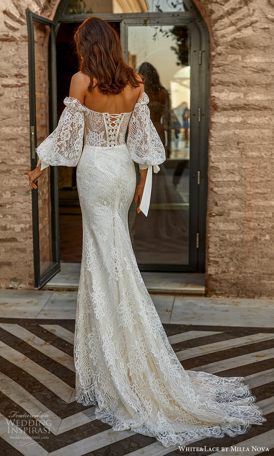 white lace milla nova 2022 bridal off shoulder bishop sleeves sweetheart neckline fully embellished jumpsuit wedding dress (29) bv