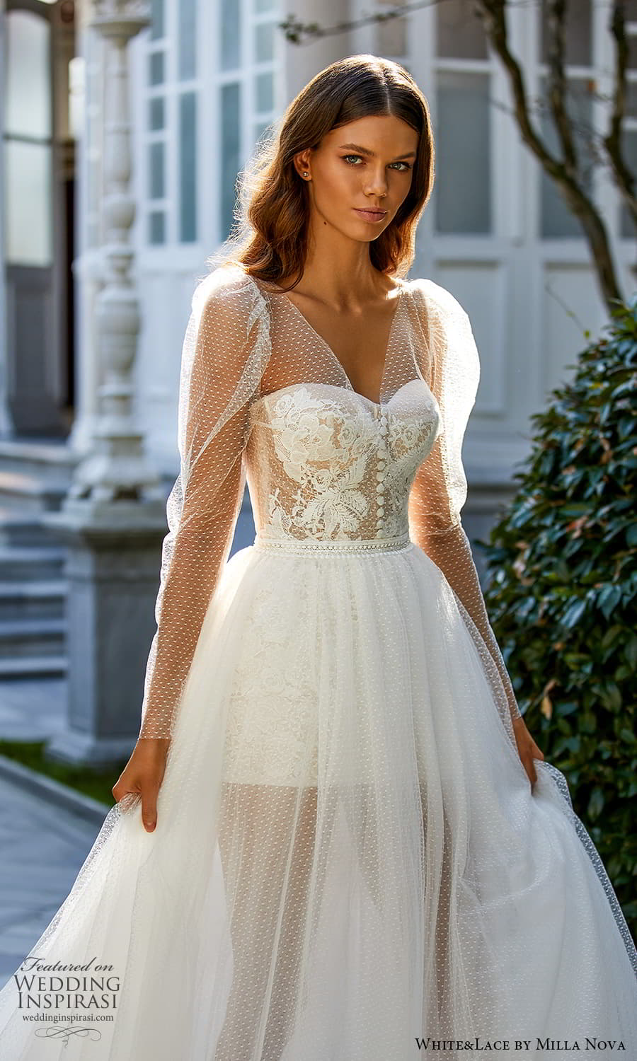 white lace milla nova 2022 bridal sheer puff sleeves sweetheart neckline embellished a line ball gown wedding dress (25) mv