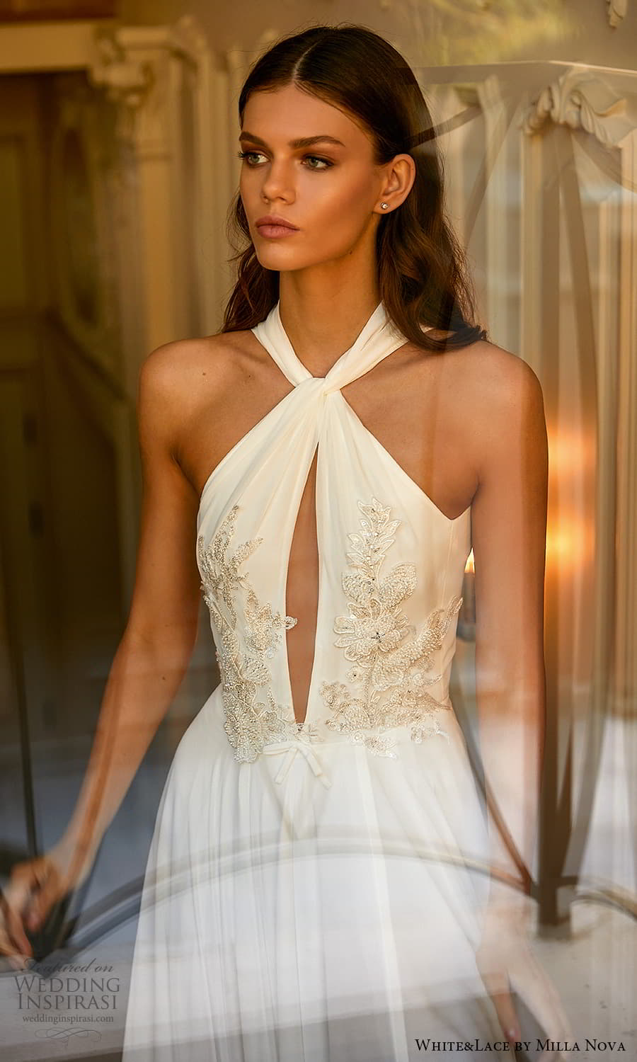 white lace milla nova 2022 bridal sleeveless halter neckline embellished bodice a line wedding dress (26) mv