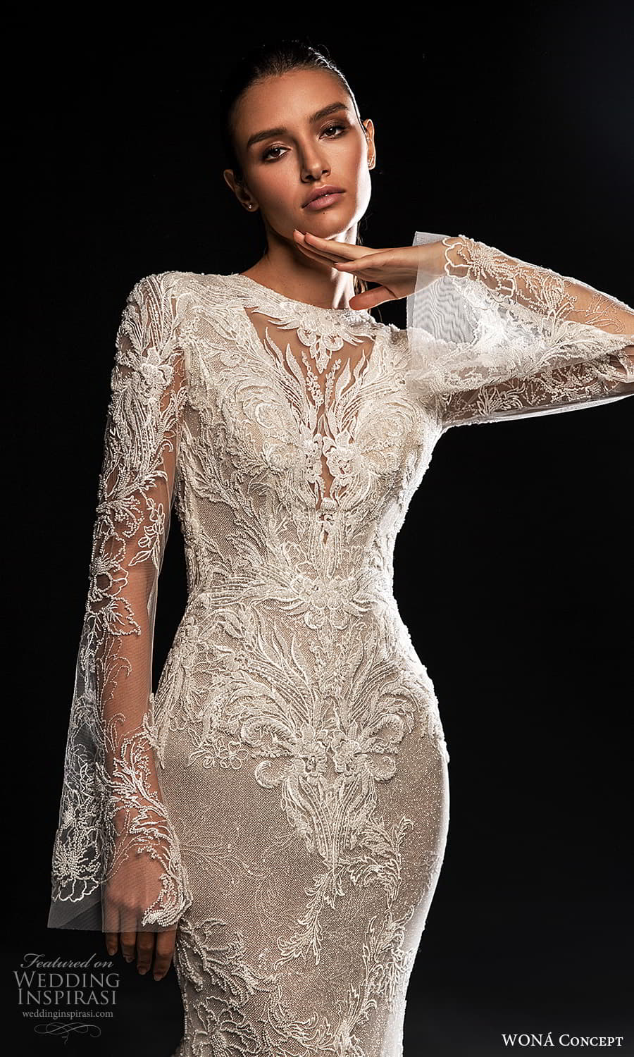 wona concept 2022 bridal long flare sleeves jewel neckline fully embellished lace sheath wedding dress (21) mv