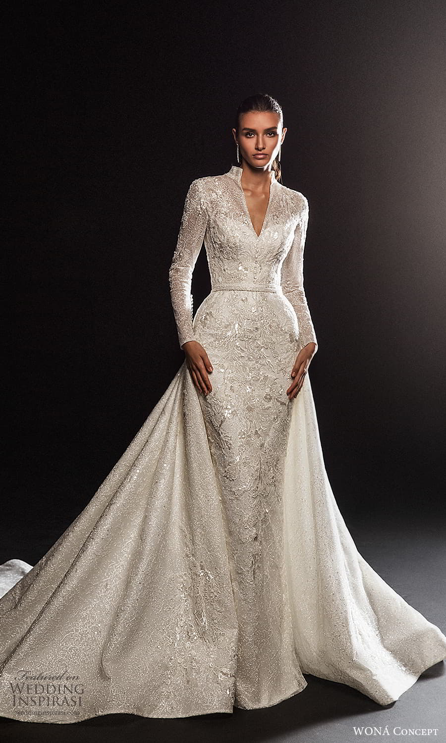 wona concept 2022 bridal long sleeve high v neckline fully embellished sheath wedding dress (17) mv