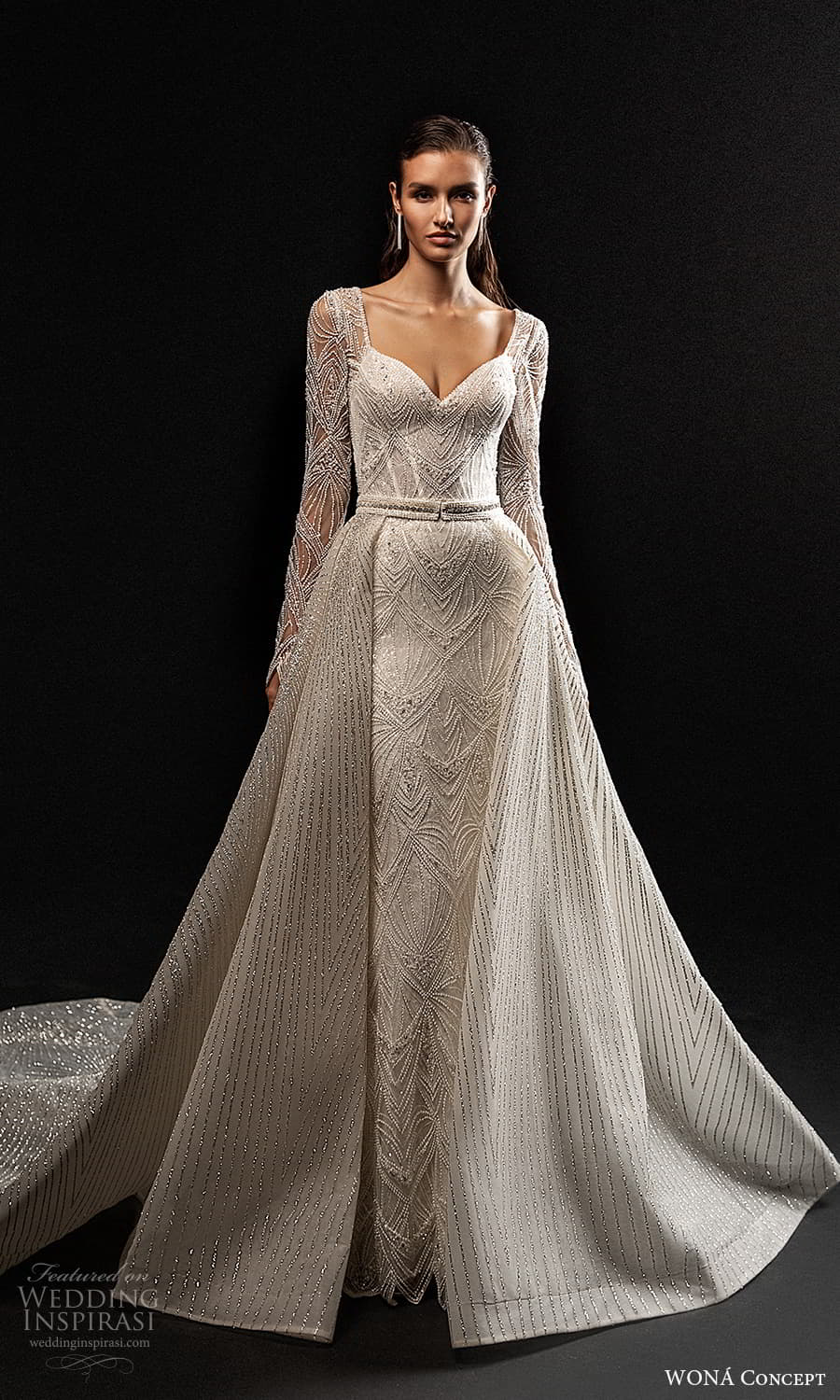 wona concept 2022 bridal long sleeve sweetheart necklne fully embellished sheath wedding dress chapel train a line overskirt (11) mv