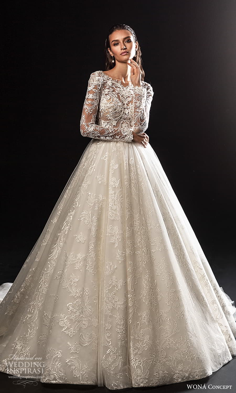 wona concept 2022 bridal long sleeves jewel neckline heavily embellished bodice a line wedding dress chapel train (27) mv