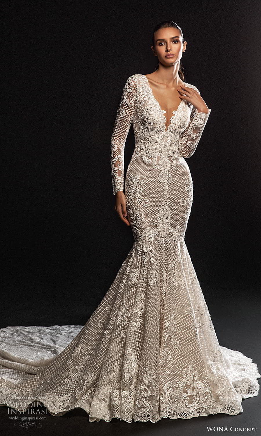 wona concept 2022 bridal long sleeves plunging v neckline fully embellished lace fit flare mermaid wedding dress chapel train (4) mv