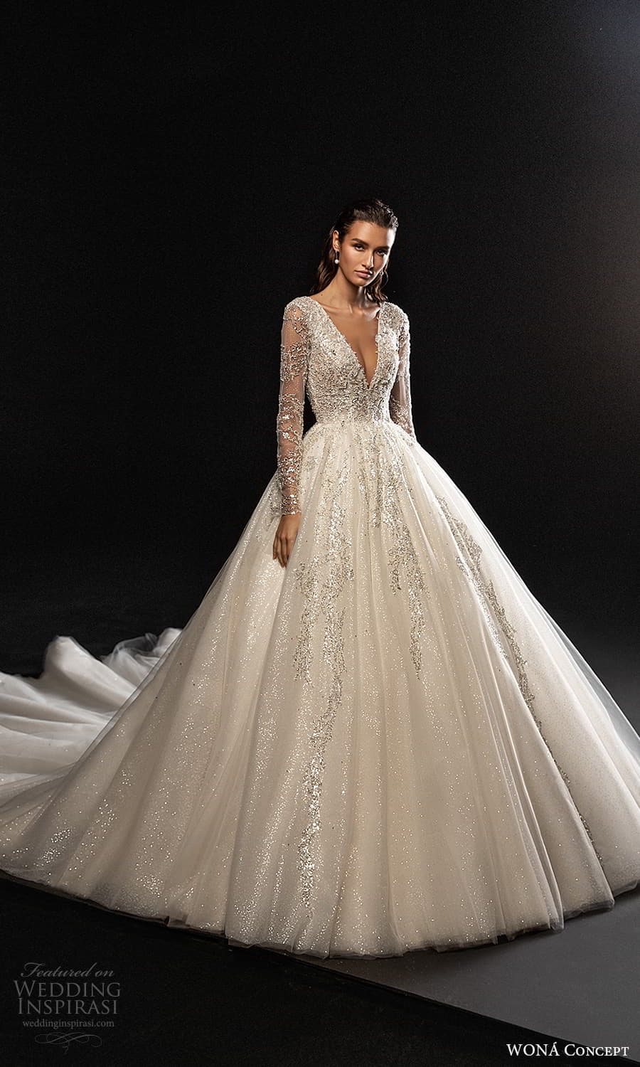 wona concept 2022 bridal long sleeves v neckline fully embellished a line ball gown wedding dress chapel train (6) mv