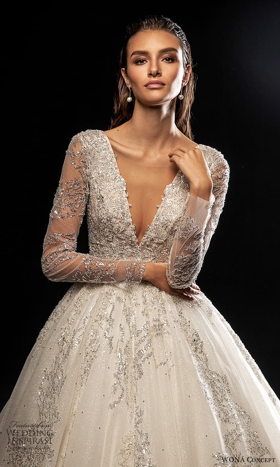 wona concept 2022 bridal long sleeves v neckline fully embellished a line ball gown wedding dress chapel train (6) zv