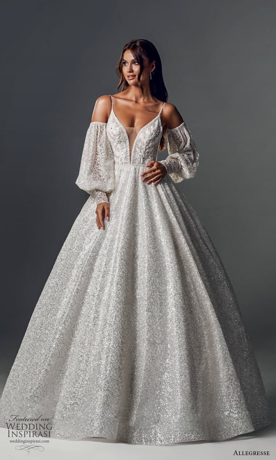 allegresse 2022 bridal detached bishop sleves sleeveless straps plunging v necklne fully embellished a line ball gown wedding dress chapel train (6) mv