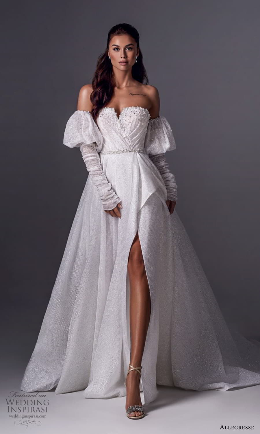 allegresse 2022 bridal detached puff sleeve strapless split neckline embellished bodice a line wedding dress split skirt (12) mv