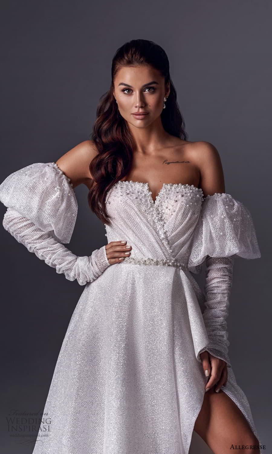 allegresse 2022 bridal detached puff sleeve strapless split neckline embellished bodice a line wedding dress split skirt (12) zv