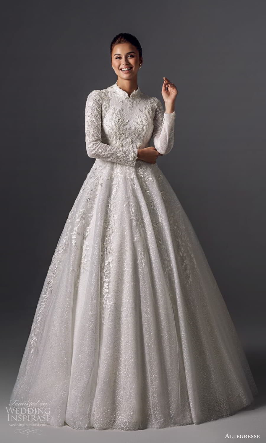 allegresse 2022 bridal long sleeve high collar neckling fully embellished a line ball gown wedding dress chapel train (10) mv