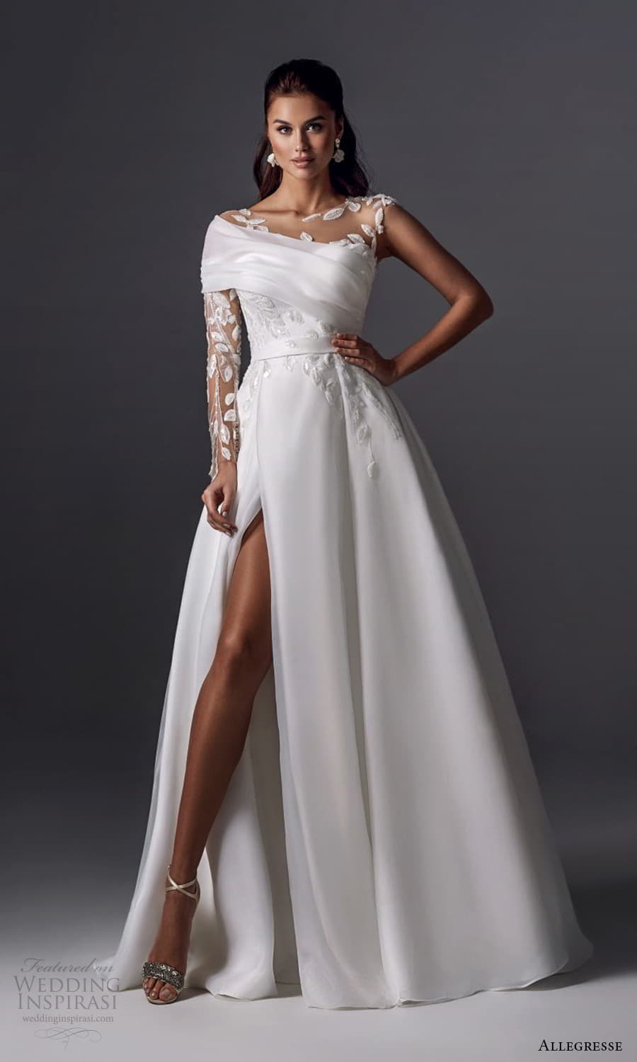 allegresse 2022 bridal long sleeves asymmetric neckline embellished bodice a line ball gown wedding dress (22) mv