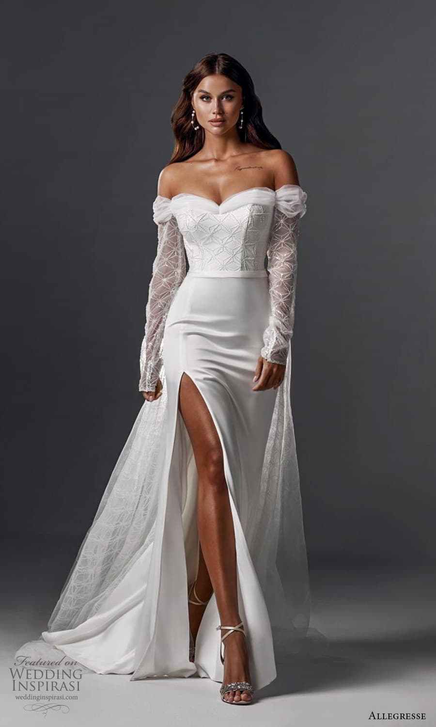 allegresse 2022 bridal off shoulder long sleeve semi sweetheart neckline embellished bodice sheath wedding dress slit skirt (24) mv
