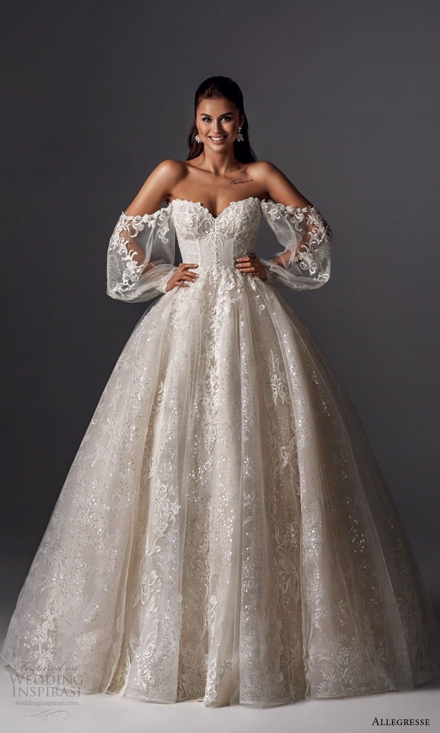 allegresse 2022 bridal off shoulder puff balloon sleeves sweethaeart neckline fully embellished a line ball gown wedding dress chapel train (4) mv