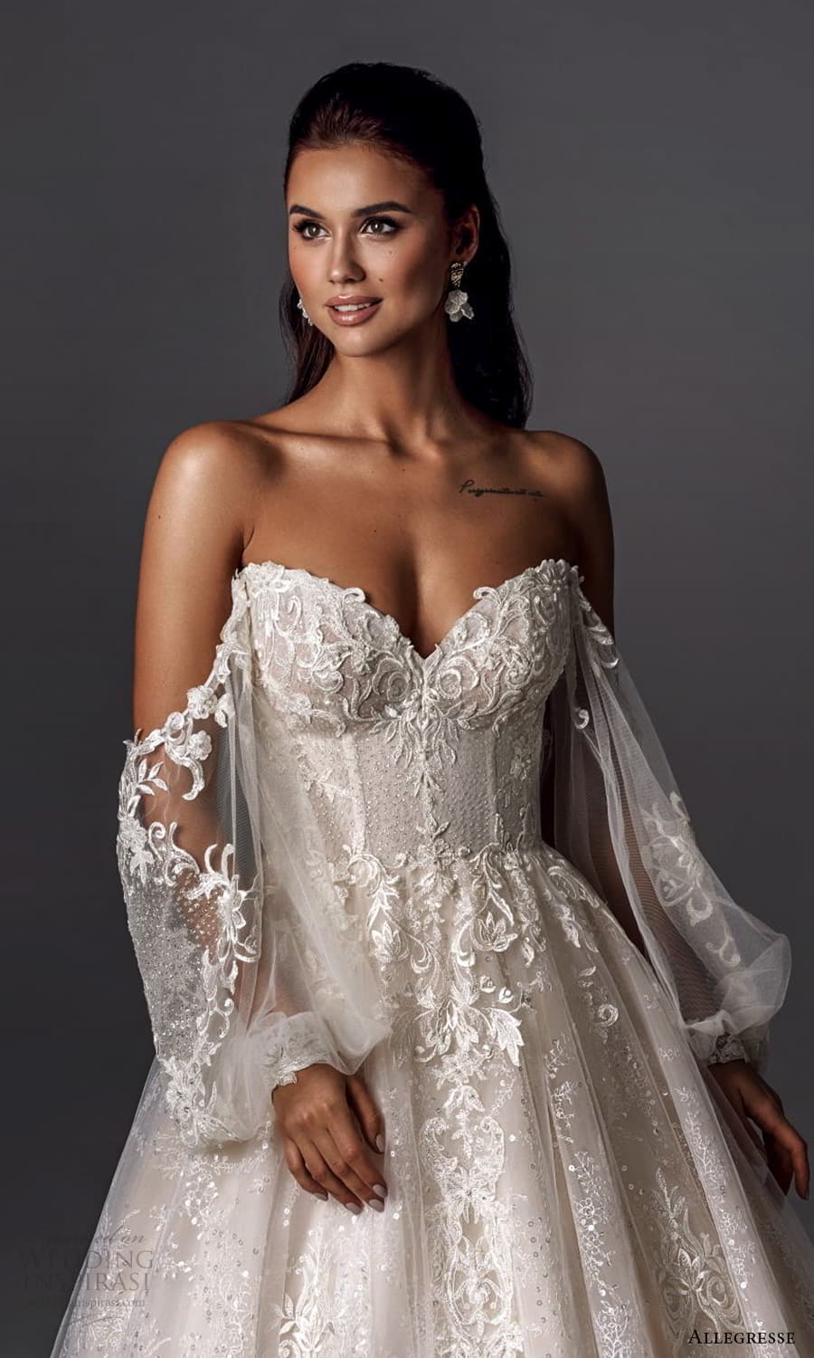 allegresse 2022 bridal off shoulder puff balloon sleeves sweethaeart neckline fully embellished a line ball gown wedding dress chapel train (4) zv