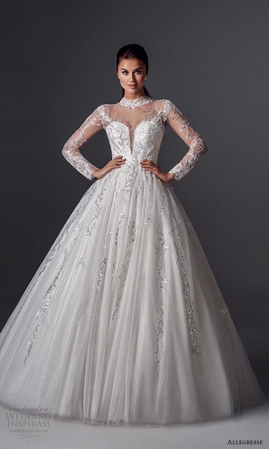 allegresse 2022 bridal sheer long sleeve high neckline fully embellished a line ball gown wedding dress chapel train (18) mv