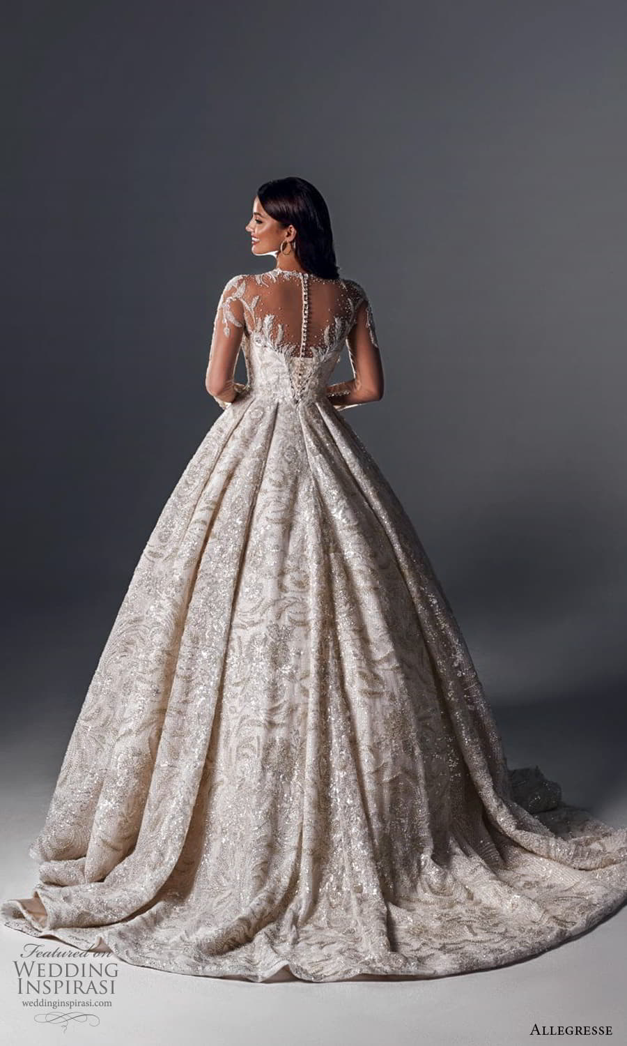 allegresse 2022 bridal sheer long sleeve illusion jewel neck sweetheart neckline fully embellished a line ball gown wedding dress chapel train (14) bv