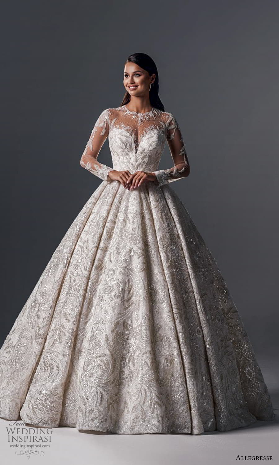 allegresse 2022 bridal sheer long sleeve illusion jewel neck sweetheart neckline fully embellished a line ball gown wedding dress chapel train (14) mv