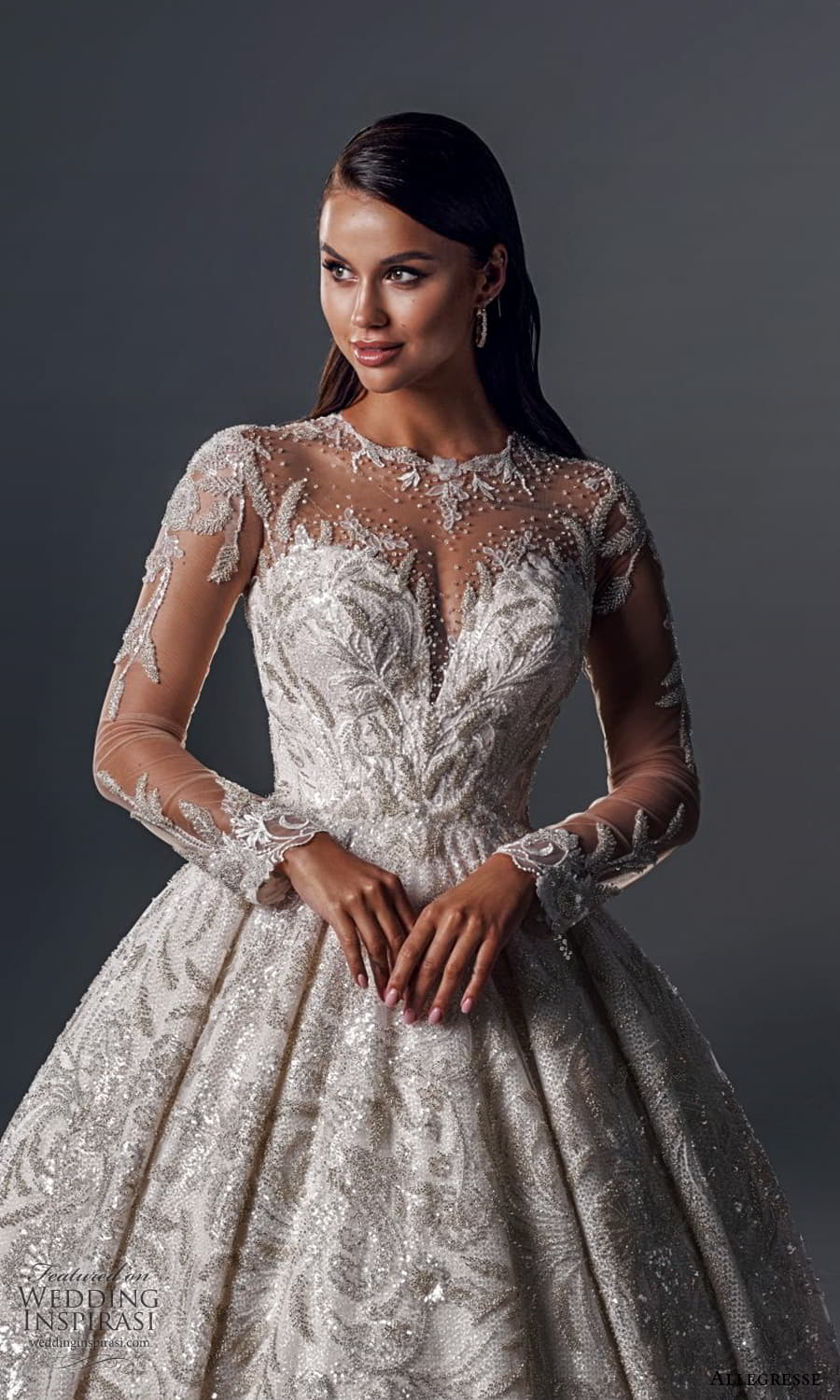 allegresse 2022 bridal sheer long sleeve illusion jewel neck sweetheart neckline fully embellished a line ball gown wedding dress chapel train (14) zv