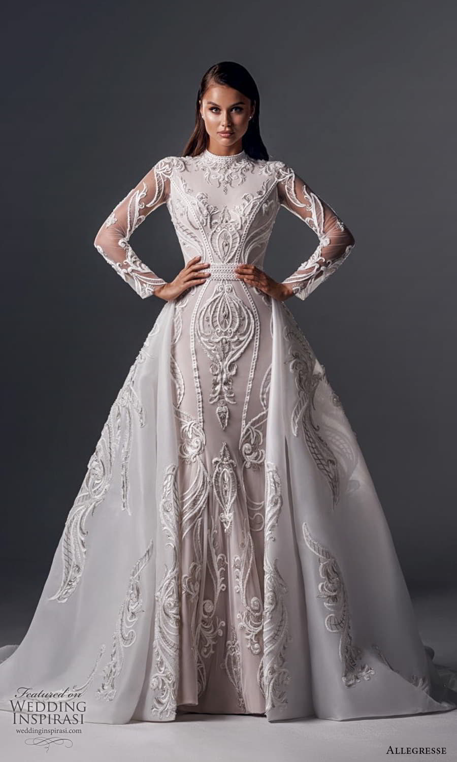 allegresse 2022 bridal sheer long sleeve jewel neckline fully embellished sheath wedding dress a line overskirt chapel train (15) mv