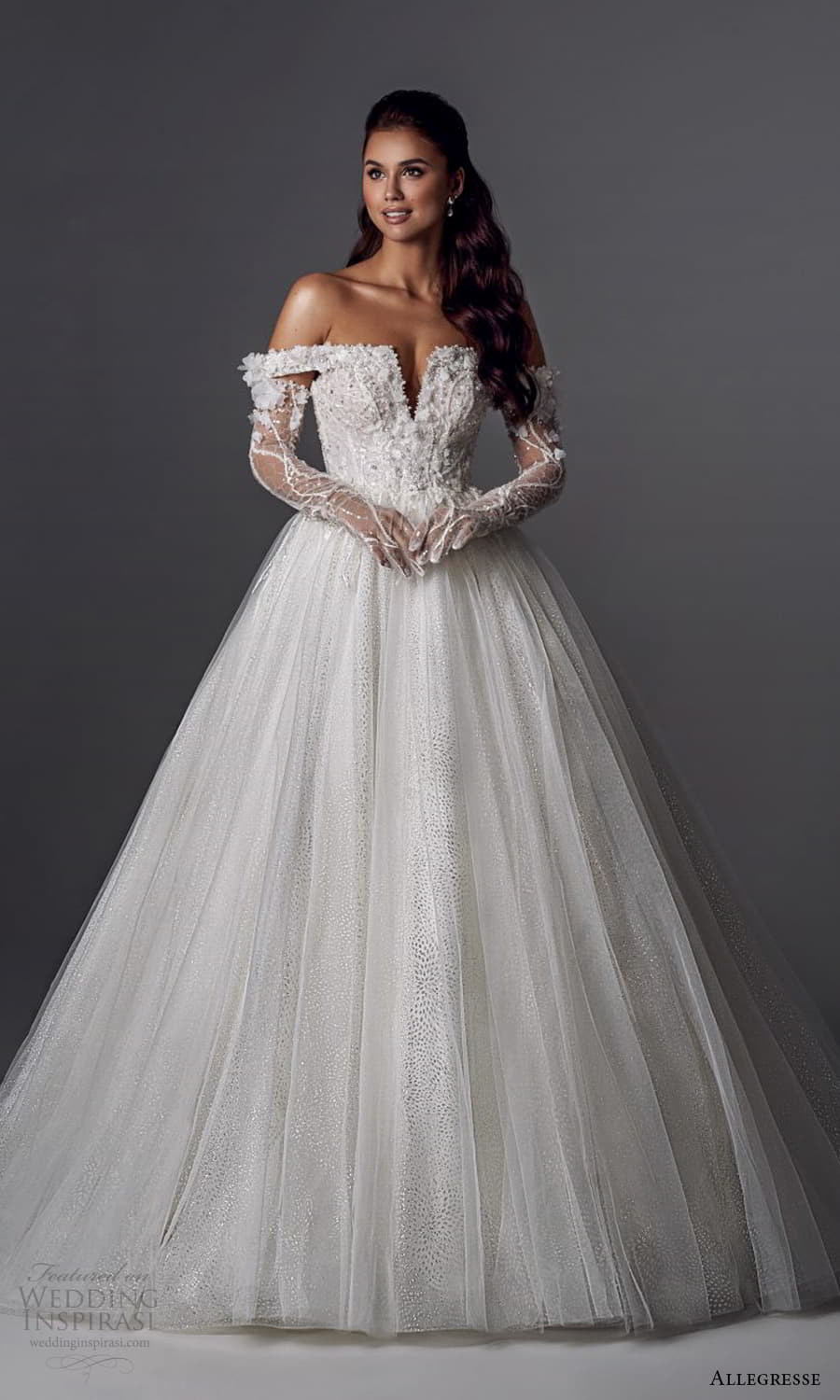 allegresse 2022 bridal sheer long sleeve off shoulder split straight neckline embellished bodice a line ball gown wedding dress chapel train (21) mv