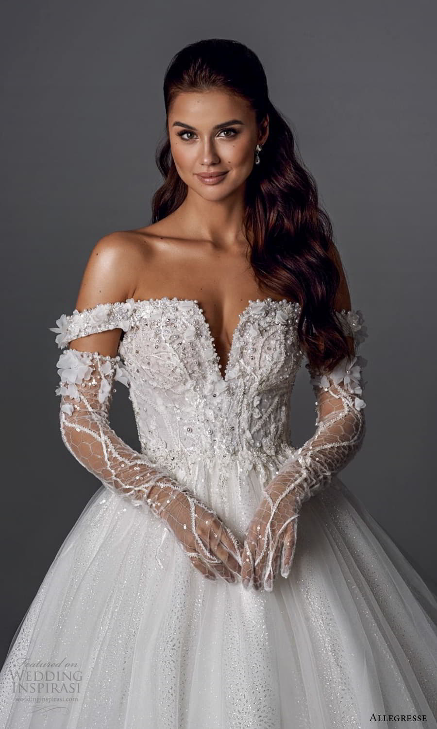 allegresse 2022 bridal sheer long sleeve off shoulder split straight neckline embellished bodice a line ball gown wedding dress chapel train (21) zv