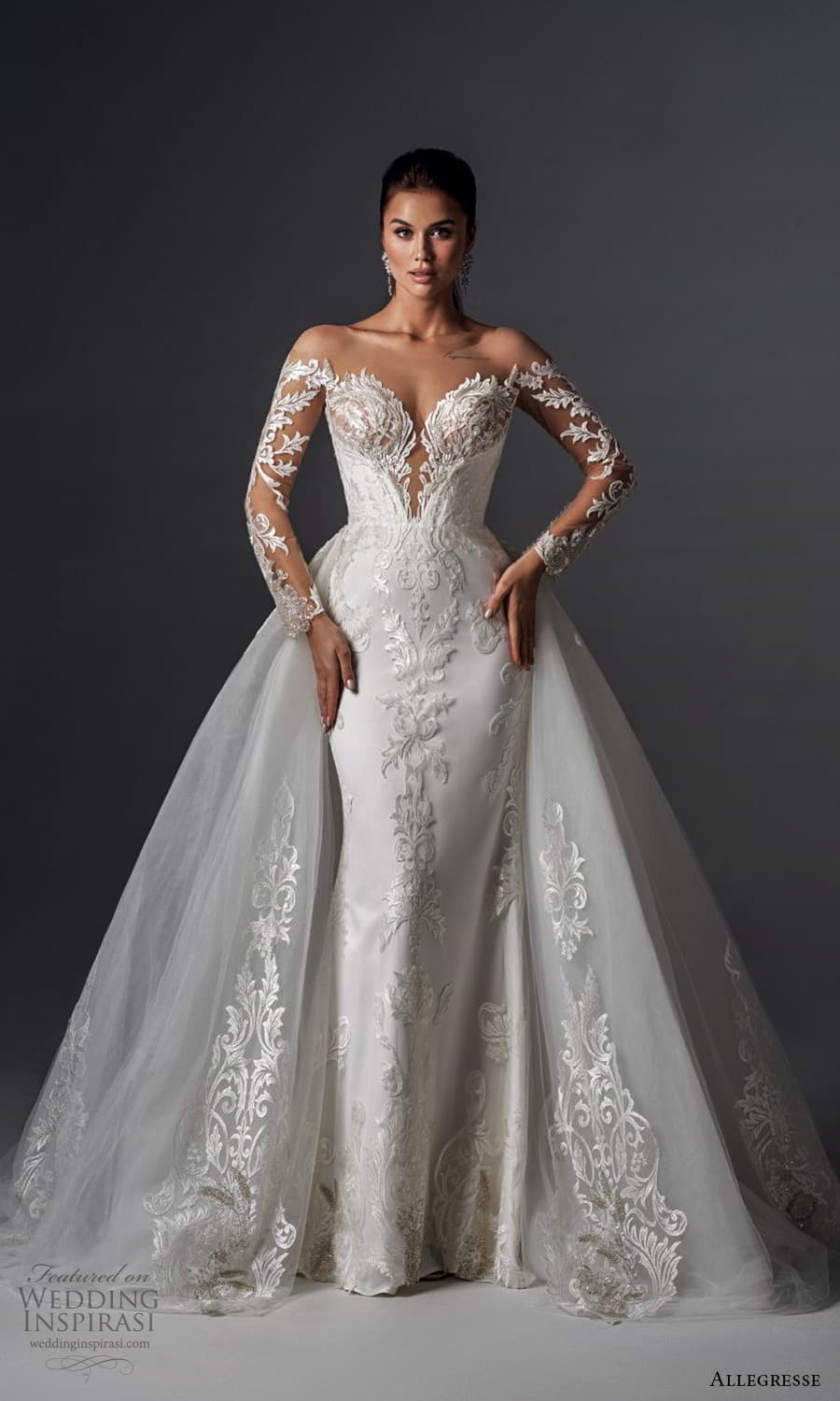 allegresse 2022 bridal sheer long sleeve off shoulder sweetheart neckline fully embellished sheath wedding ball gown overskirt (2) mv