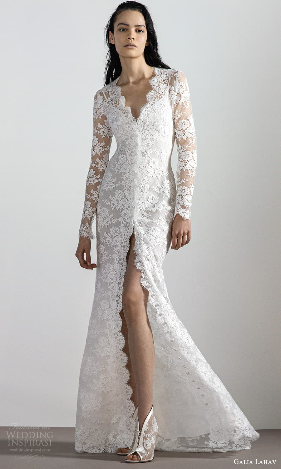 galia lahav 2022 pret bridal long sleeves v neckline fully embellished lace sheath wedding dress slit skirt (2) mv