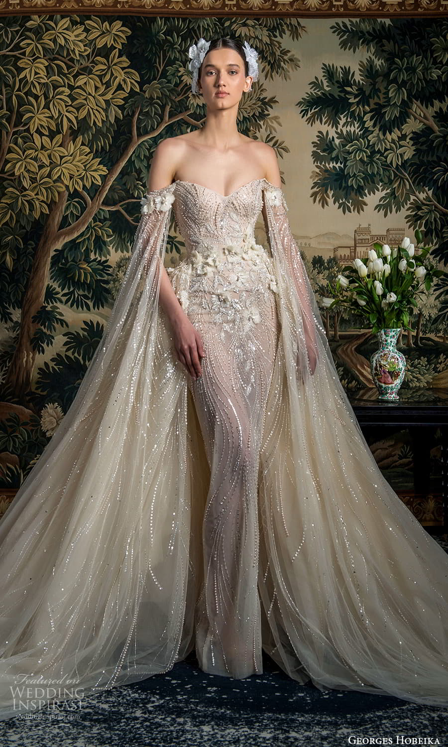 georges hobeika spring 2022 bridal off shoulder floor length split sleeves sweetheart neckline fully embellished sheath a line overskirt (1) mv georges hobeika spring 2022 bridal off shoulder floor length split sleeves sweetheart neckline fully embellished sheath a line overskirt (1) mv