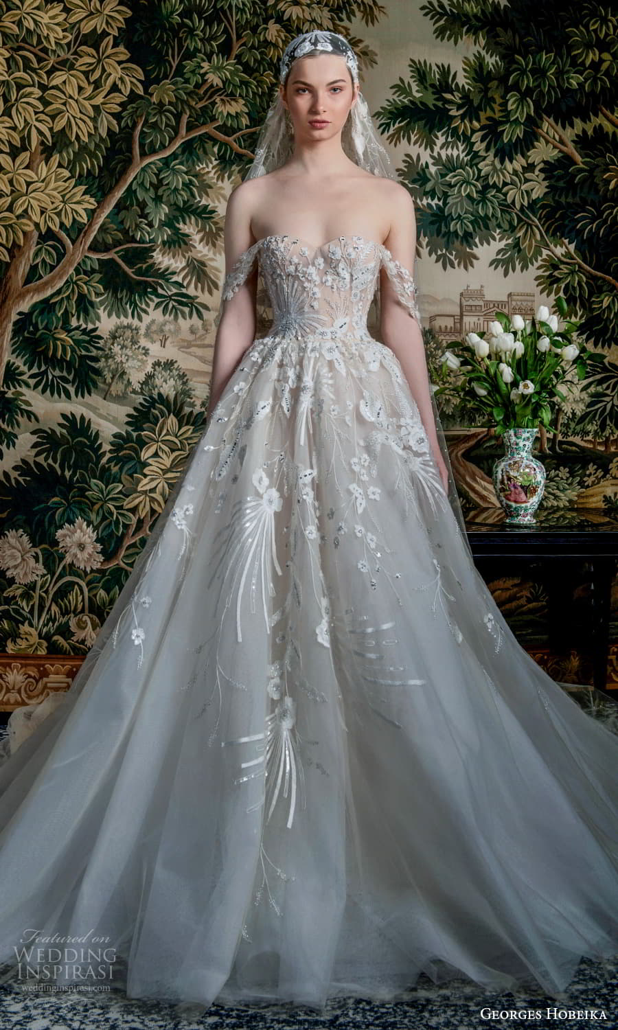 georges hobeika spring 2022 bridal off shoulder straps sweetheart neckline fully embellished a line ball gown wedding dress chapel train (2) mv