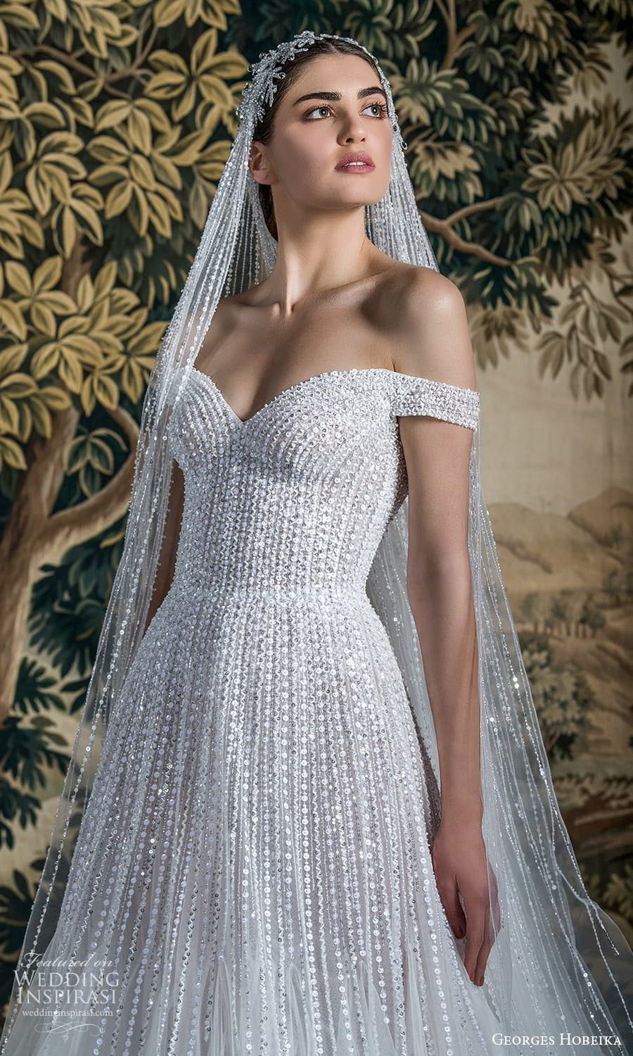 georges hobeika spring 2022 bridal off shoulder straps sweetheart neckline fully embellished fit flare wedding dress chapel train (4) zv