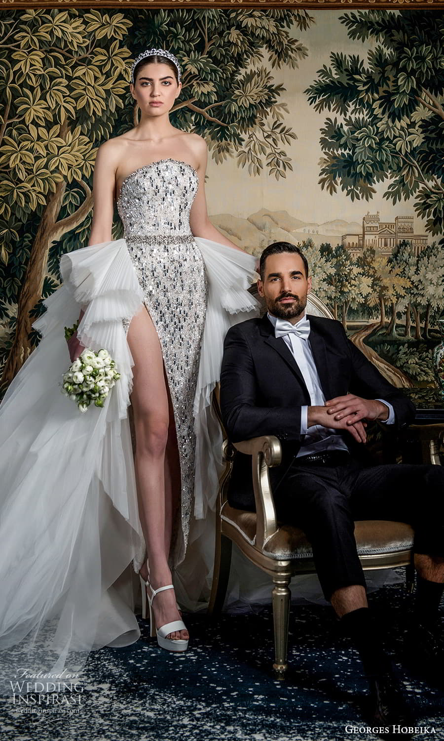 georges hobeika spring 2022 bridal strapless curve neckline heavily embellished sheath wedding dress slit skirt a line ruffle overskirt silver (4) mv georges hobeika spring 2022 bridal strapless curve neckline heavily embellished sheath wedding dress slit skirt a line ruffle overskirt silver (4) mv