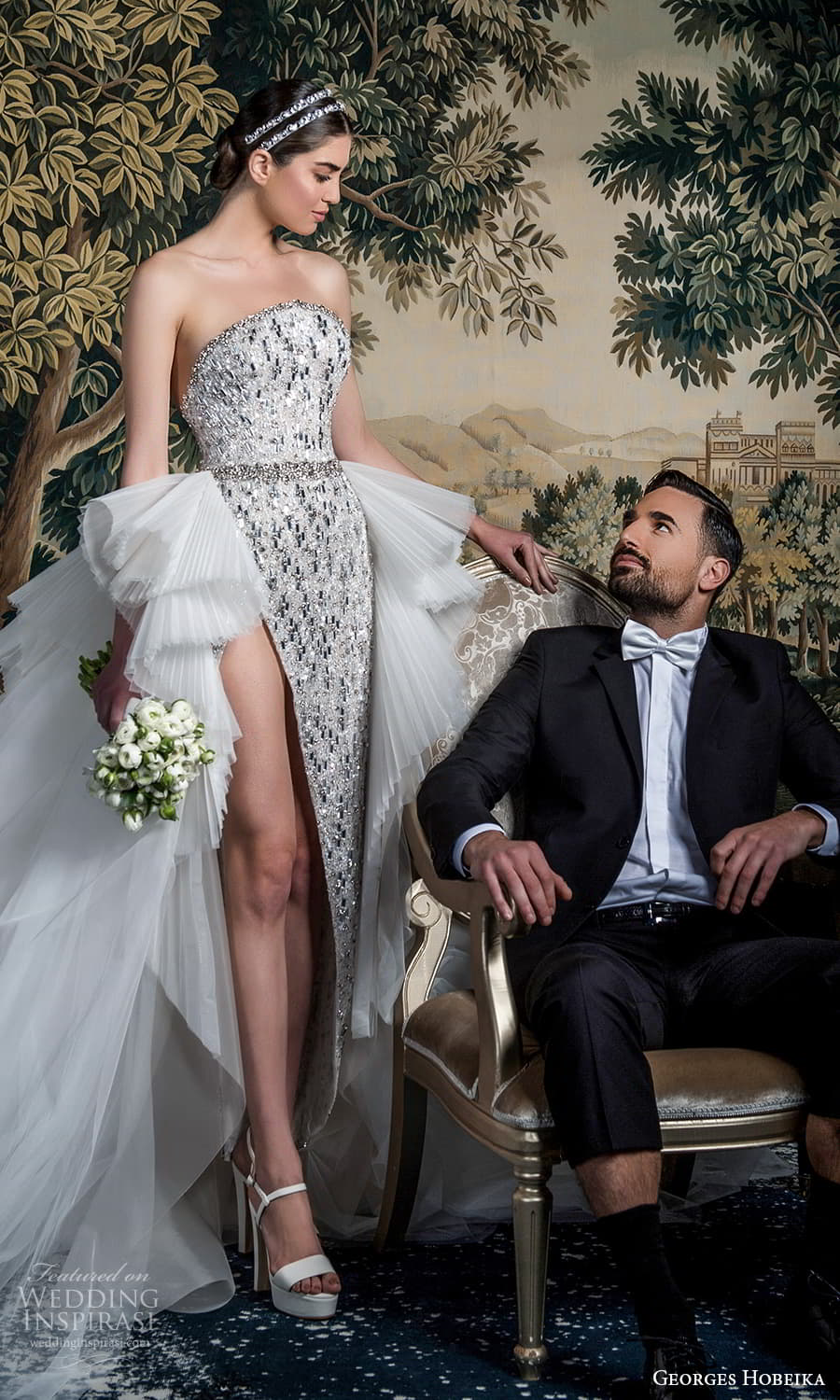 georges hobeika spring 2022 bridal strapless curve neckline heavily embellished sheath wedding dress slit skirt a line ruffle overskirt silver (4) sv georges hobeika spring 2022 bridal strapless curve neckline heavily embellished sheath wedding dress slit skirt a line ruffle overskirt silver (4) sv