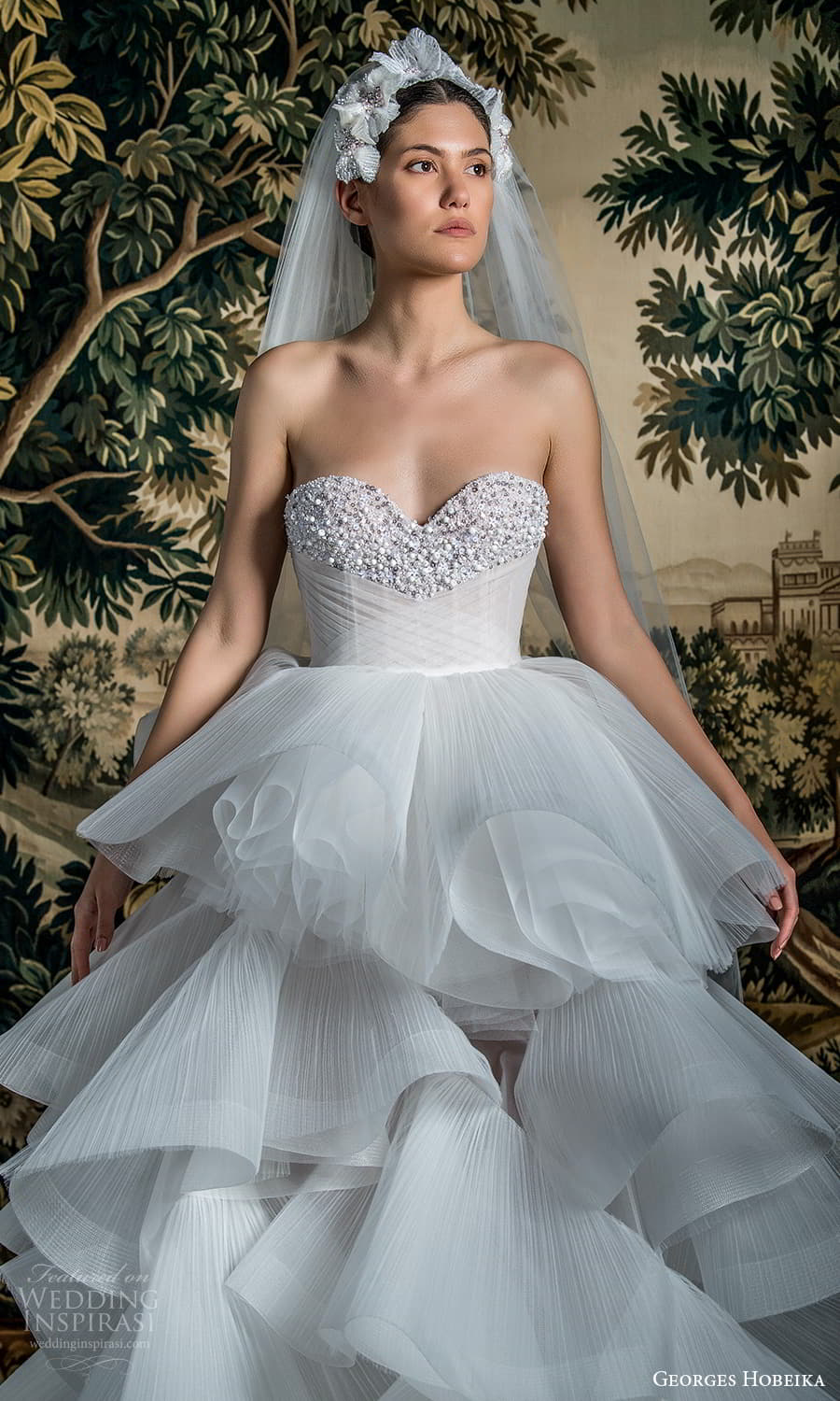 georges hobeika spring 2022 bridal strapless sweetheart neckline embellished bodice tiered ruched skirt ball gown wedding dress (5) zv georges hobeika spring 2022 bridal strapless sweetheart neckline embellished bodice tiered ruched skirt ball gown wedding dress (5) zv