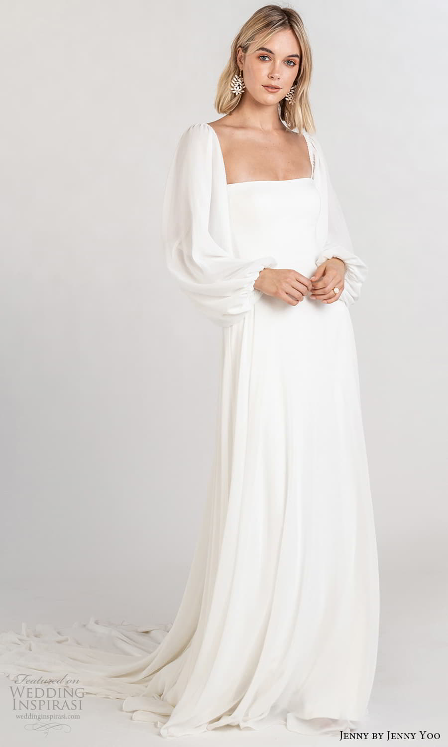 jenny jenny yoo fall 2021 bridal long baloon bishop sleeves square neckline clean minimalist a line wedding dress chapel train (7) fv jenny jenny yoo fall 2021 bridal long baloon bishop sleeves square neckline clean minimalist a line wedding dress chapel train (7) fv