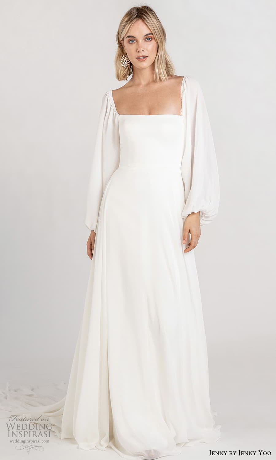 jenny jenny yoo fall 2021 bridal long baloon bishop sleeves square neckline clean minimalist a line wedding dress chapel train (7) mv jenny jenny yoo fall 2021 bridal long baloon bishop sleeves square neckline clean minimalist a line wedding dress chapel train (7) mv