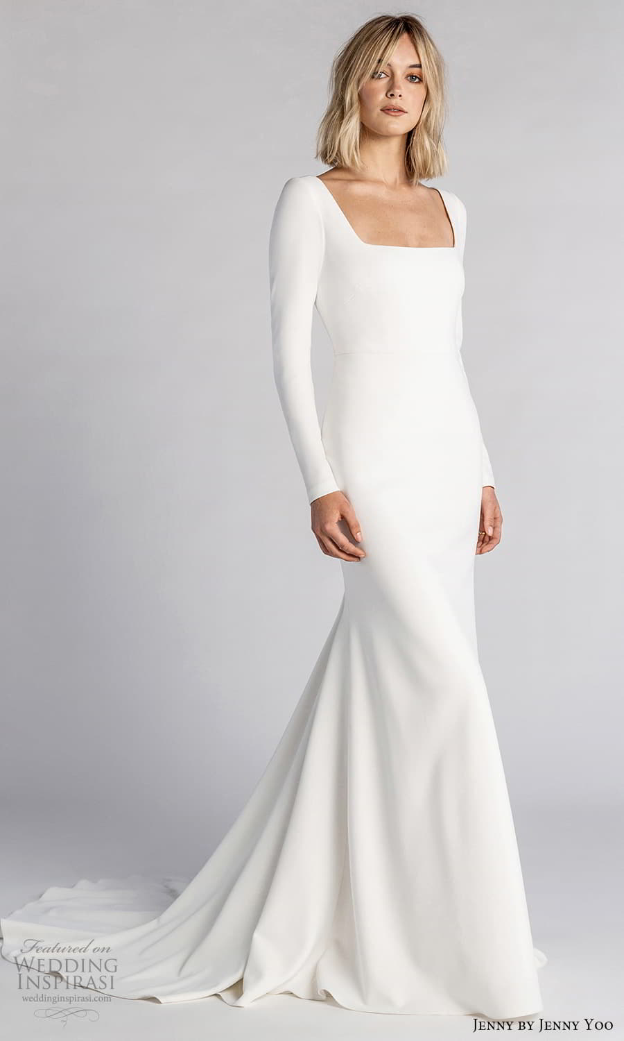 jenny jenny yoo fall 2021 bridal long sleeve square neckline clean minimalist sheath wedding dress chapel train (5) mv