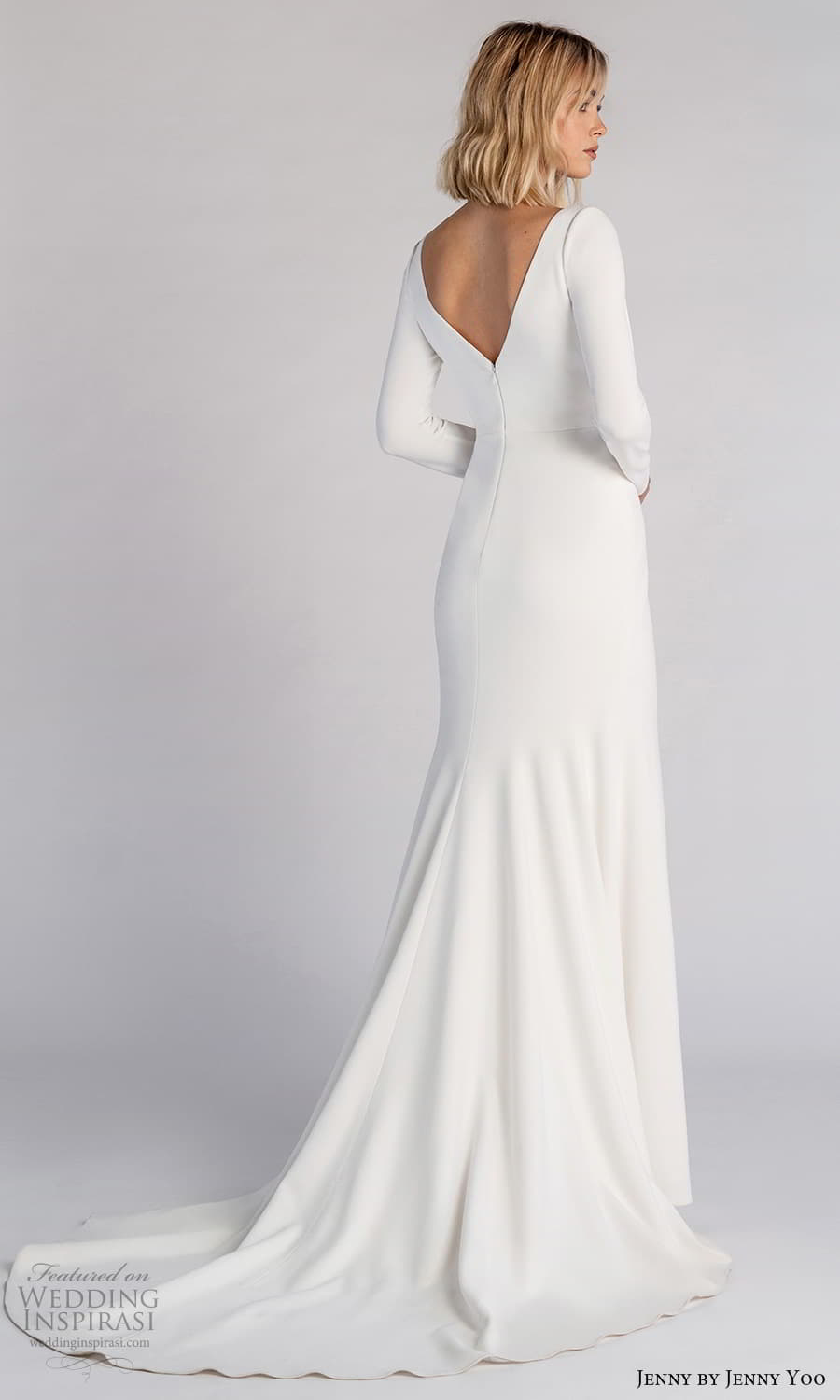 jenny jenny yoo fall 2021 bridal long sleeve square neckline clean minimalist sheath wedding dress chapel train v back (5) bv