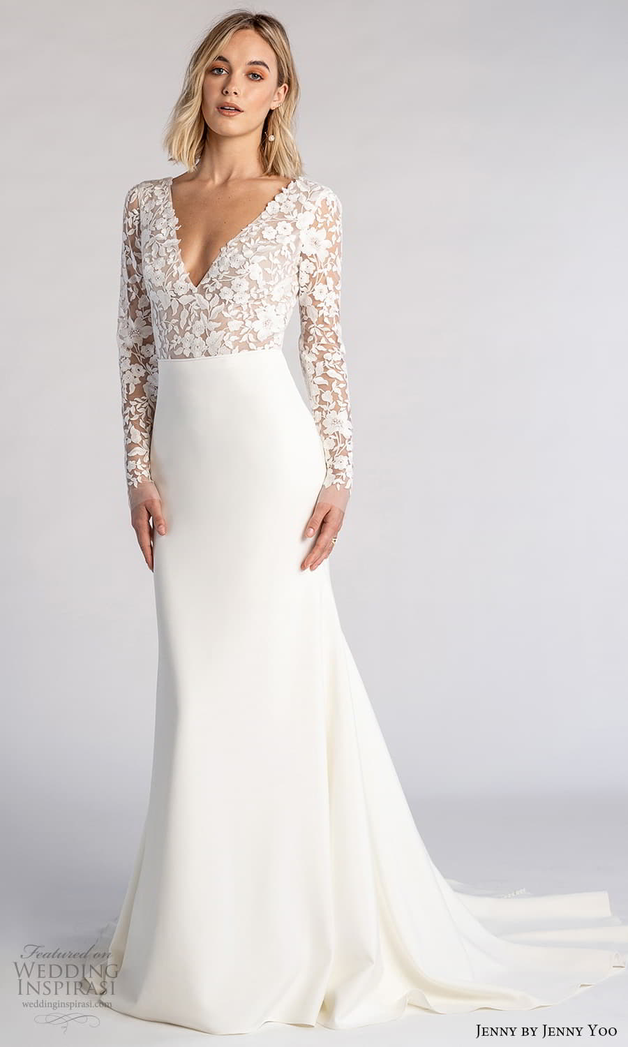 jenny jenny yoo fall 2021 bridal long sleeves v neckline embellished bodice clean skirt sheath wedding dress chapel train (4) mv jenny jenny yoo fall 2021 bridal long sleeves v neckline embellished bodice clean skirt sheath wedding dress chapel train (4) mv