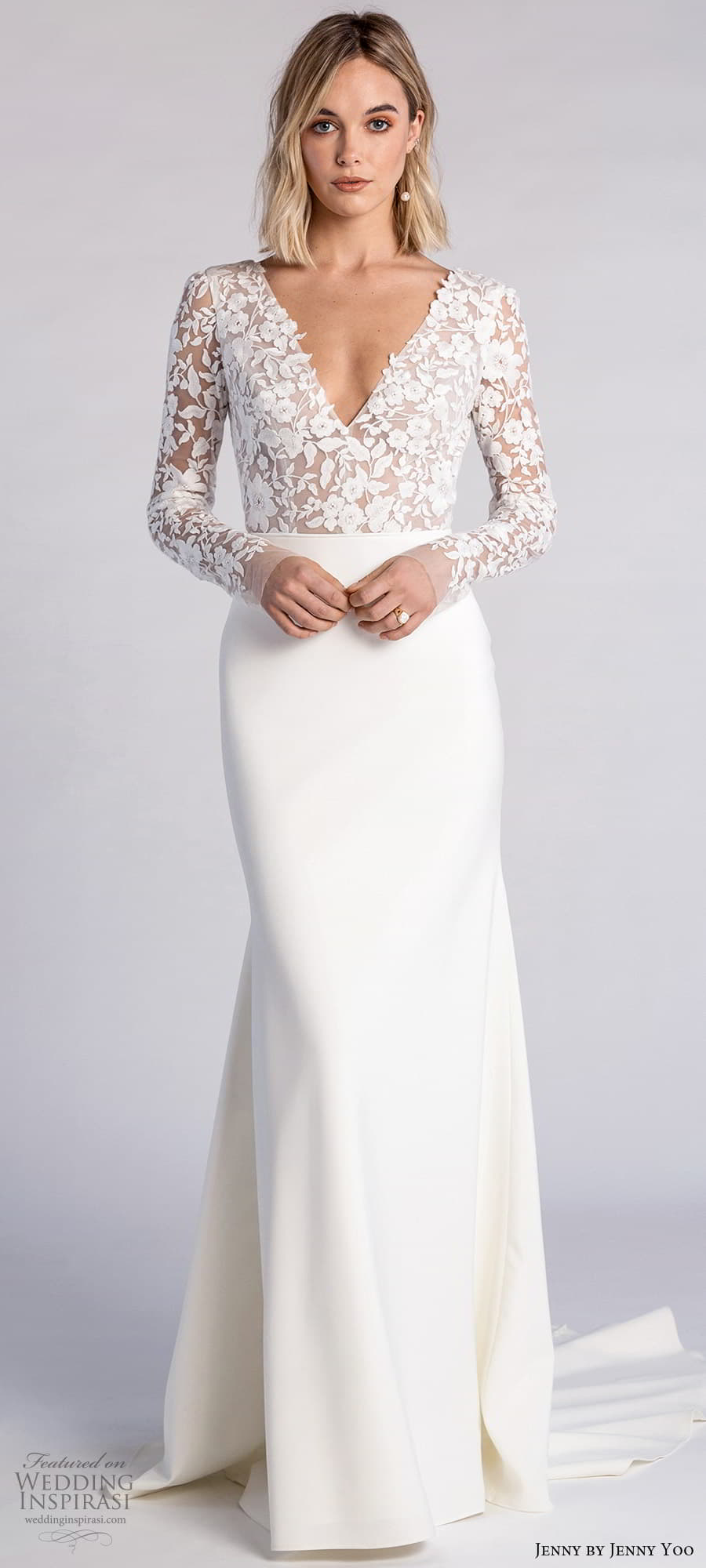 jenny jenny yoo fall 2021 bridal long sleeves v neckline embellished bodice clean skirt sheath wedding dress chapel train scoop back (4) lv