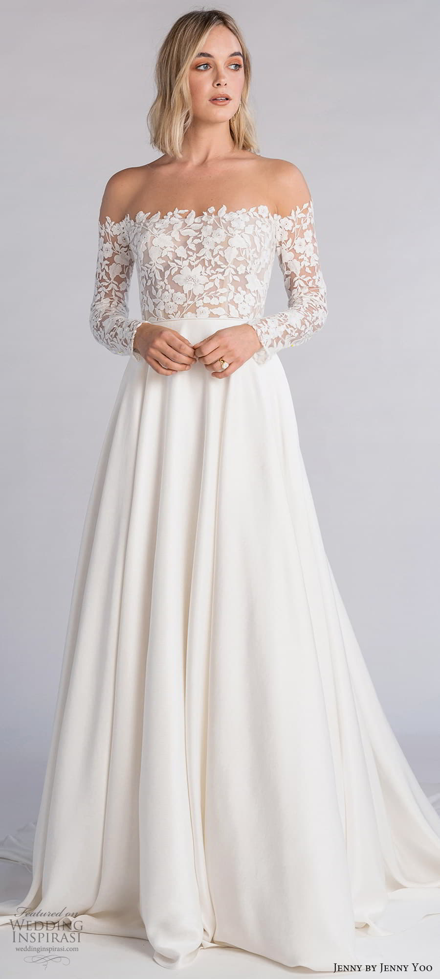 jenny jenny yoo fall 2021 bridal off shoulder long sleeve embellished bodice clean skirt a line wedding dress chapel train (1) lv