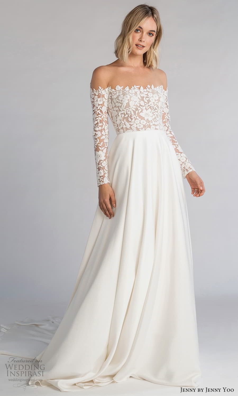 jenny jenny yoo fall 2021 bridal off shoulder long sleeve embellished bodice clean skirt a line wedding dress chapel train (1) mv