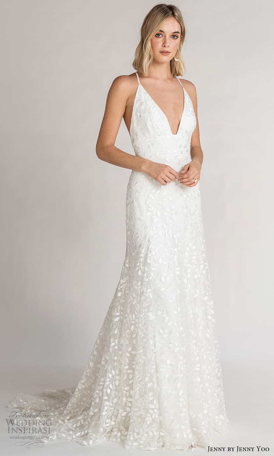 jenny jenny yoo fall 2021 bridal sleeveless cross straps plunging v neckline embellished a line wedding dress chapel train (3) mv