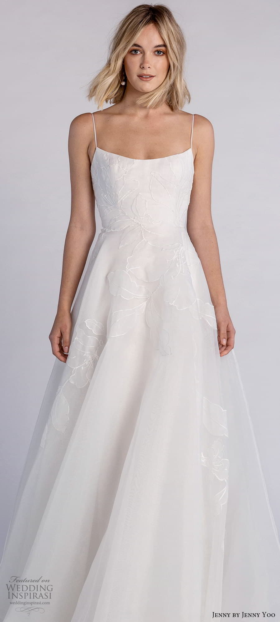 jenny jenny yoo fall 2021 bridal sleeveless straps semi scoop neckline embellished a line wedding dress chapel train (2) lv