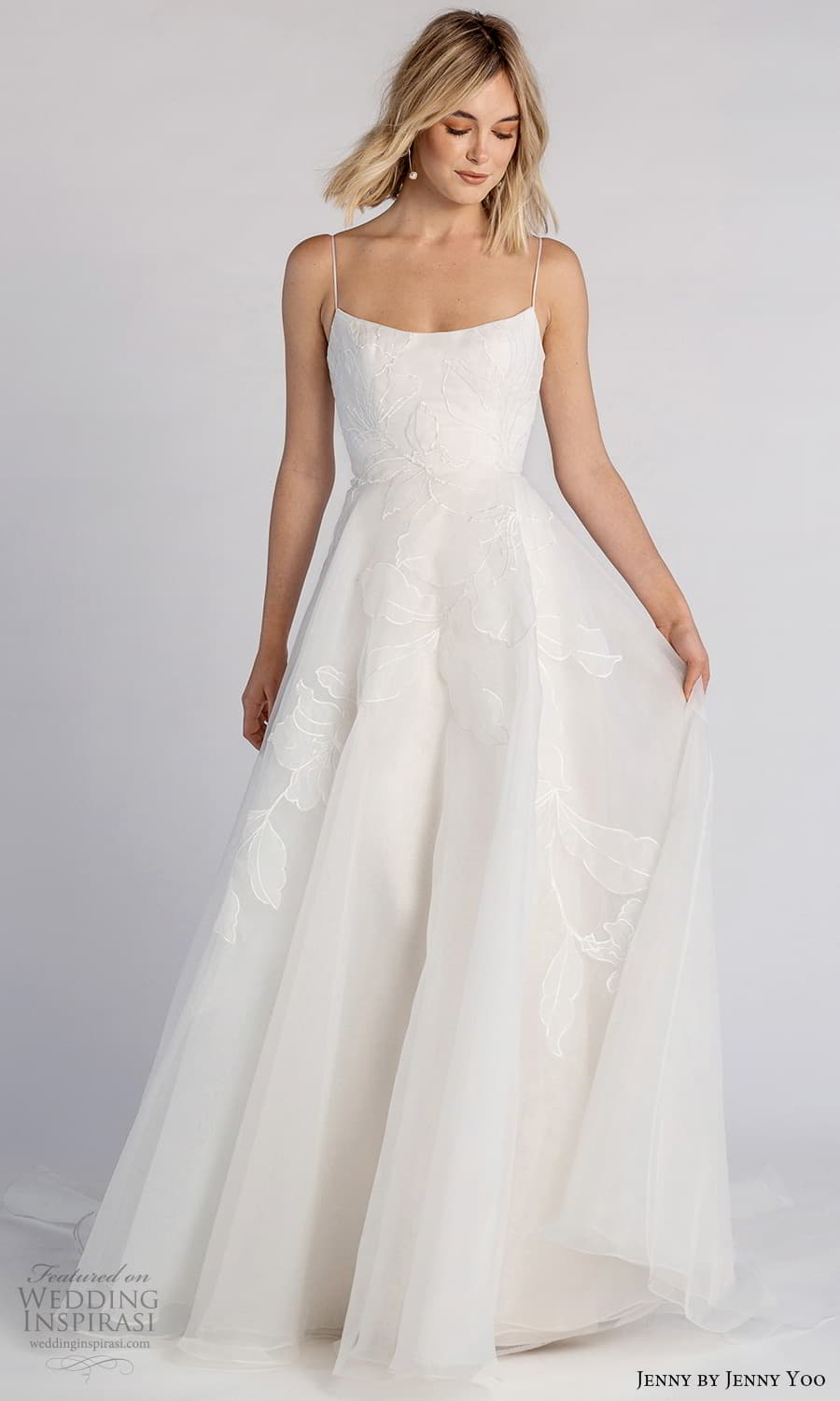 jenny jenny yoo fall 2021 bridal sleeveless straps semi scoop neckline embellished a line wedding dress chapel train (2) mv